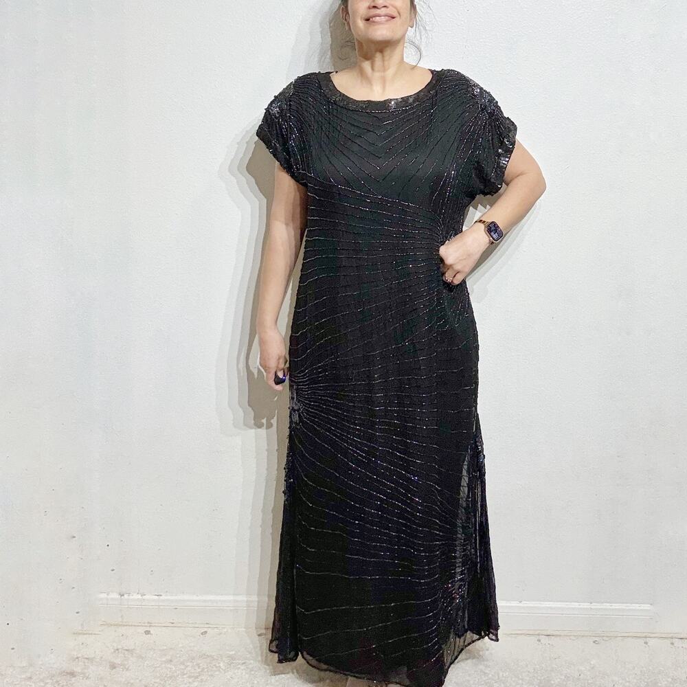 Laurence Kazar New York Black Silk Beaded Vintage Maxi Gown Sz 3X